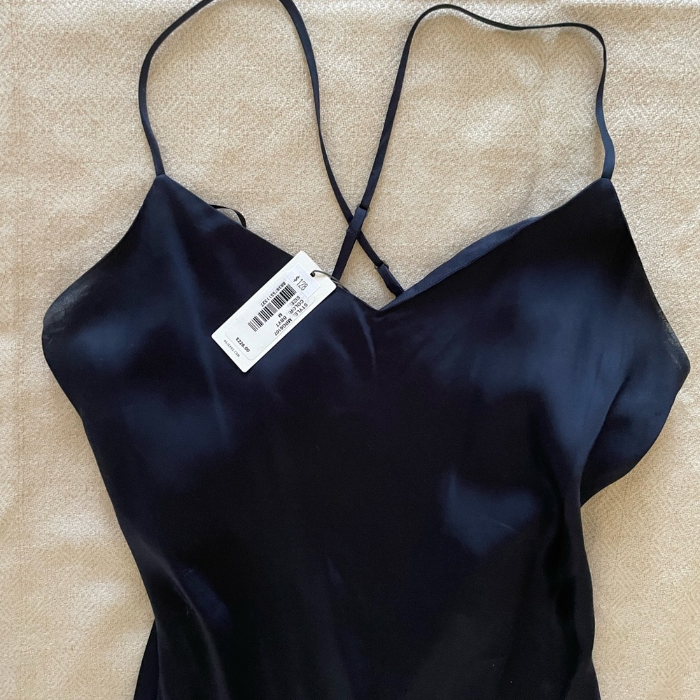 AG dark blue slip dress. Side slit, slightly asymmetrical hem, adjustable straps
